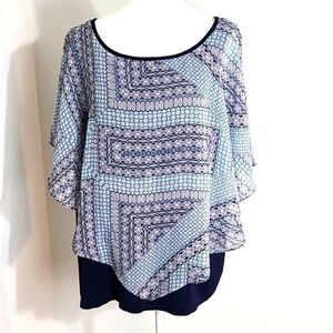 I.N. Studio Light Blue Print Poncho Top with Navy Cami, Size 1X